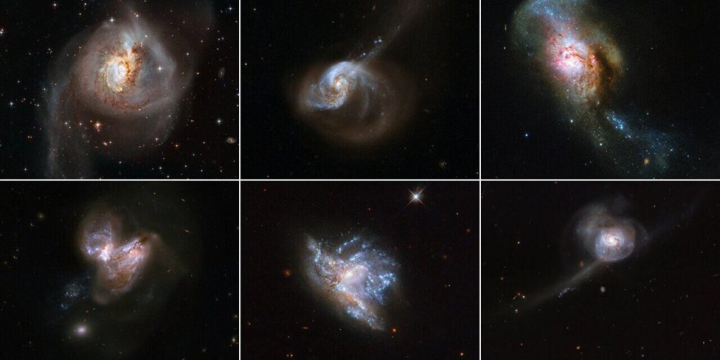 Хаббл и шесть различных слияний галактик